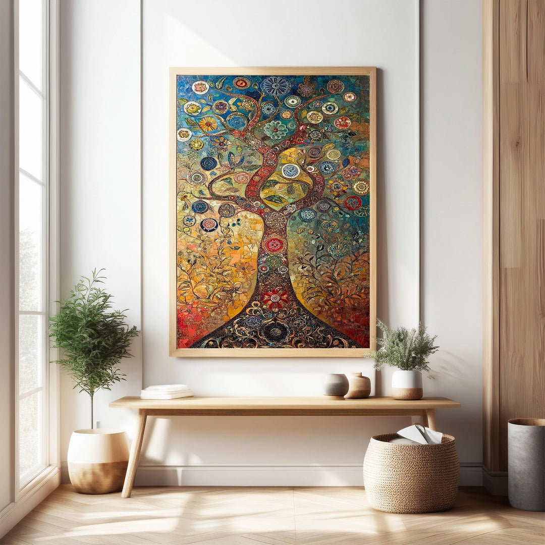 Wadi Home vibrant Tree of Life wall art with intricate colorful patterns and motifs, symbolizing growth and abundance.