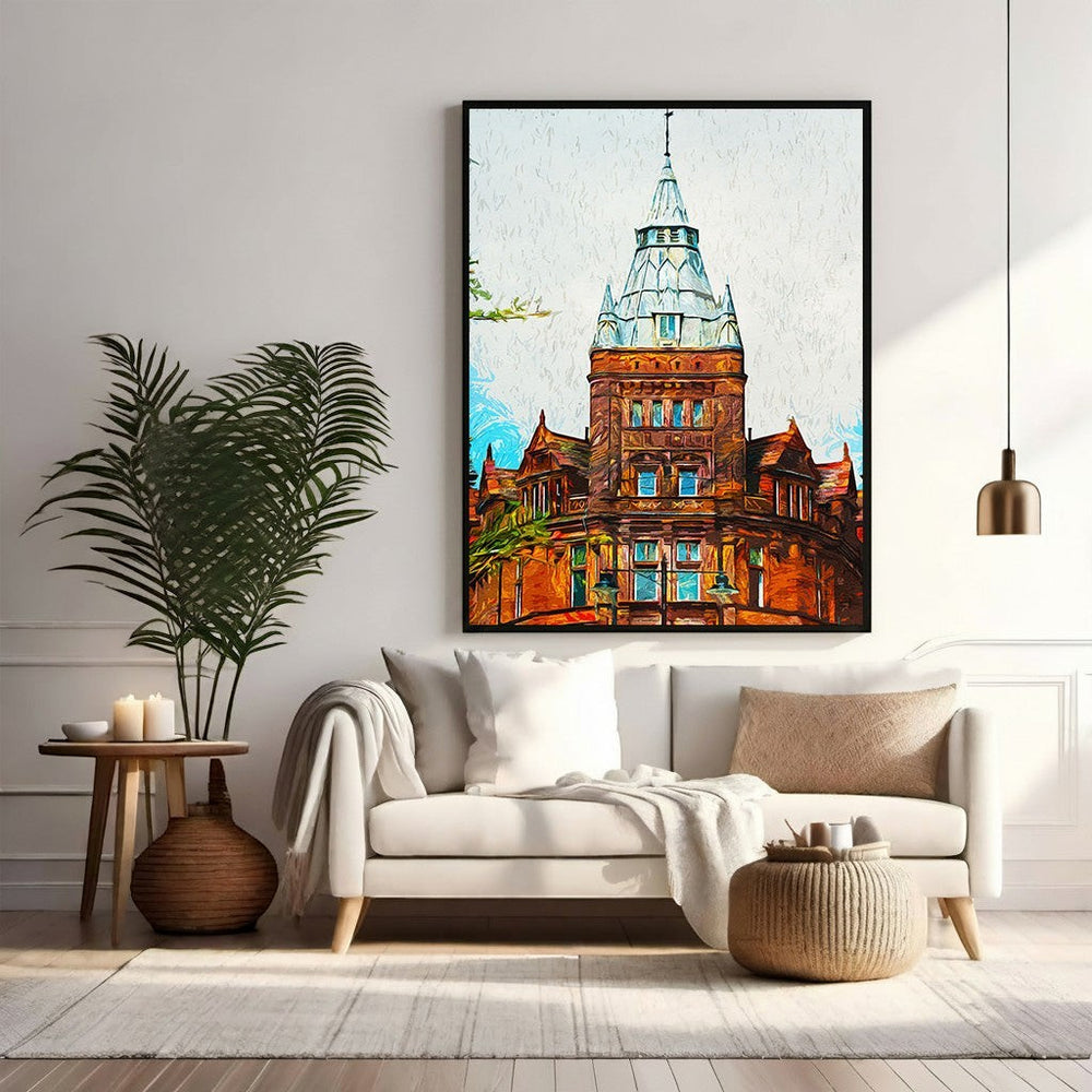 Wadi Home Victorian building impressionist wall art with warm earthy tones and intricate architecture.