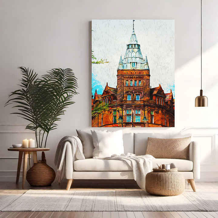 Wadi Home impressionist wall art of a Victorian building with intricate architecture in warm, earthy tones.