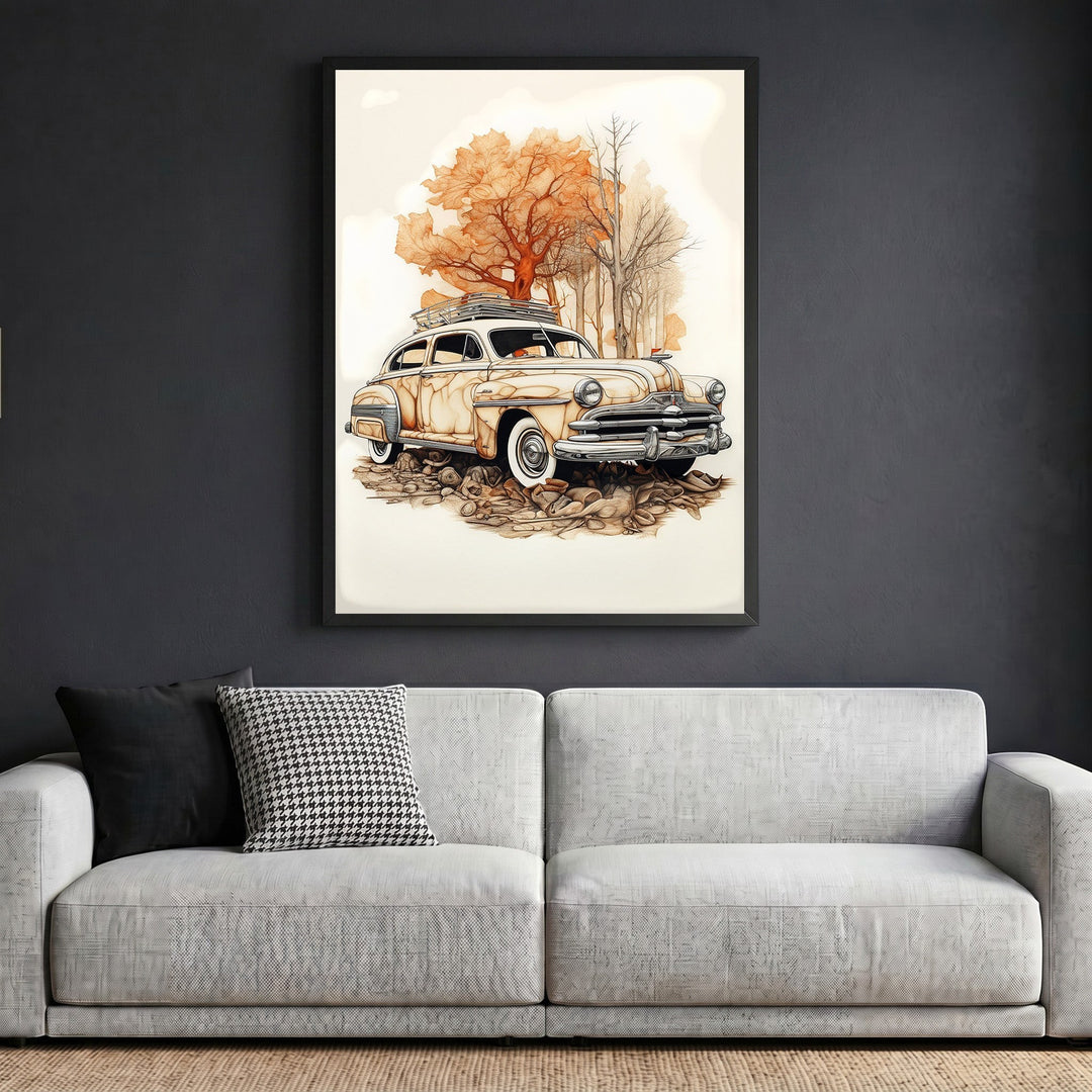 Wadi Home vintage automobile framed wall art print featuring a classic car in sepia tones above a modern grey sofa.