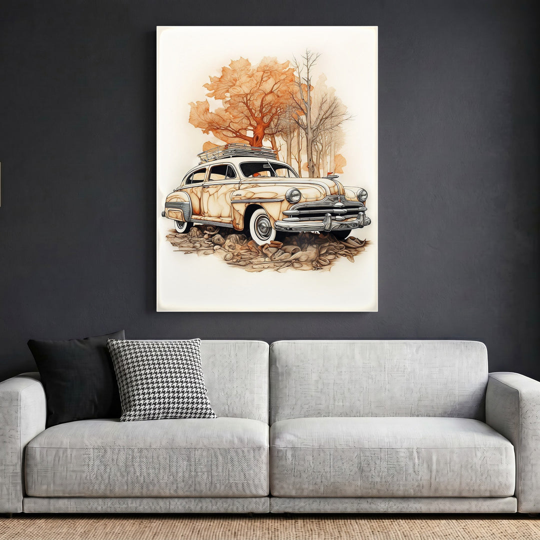 Wadi Home vintage automobile framed wall art print featuring a classic car in sepia tones above a modern grey sofa.