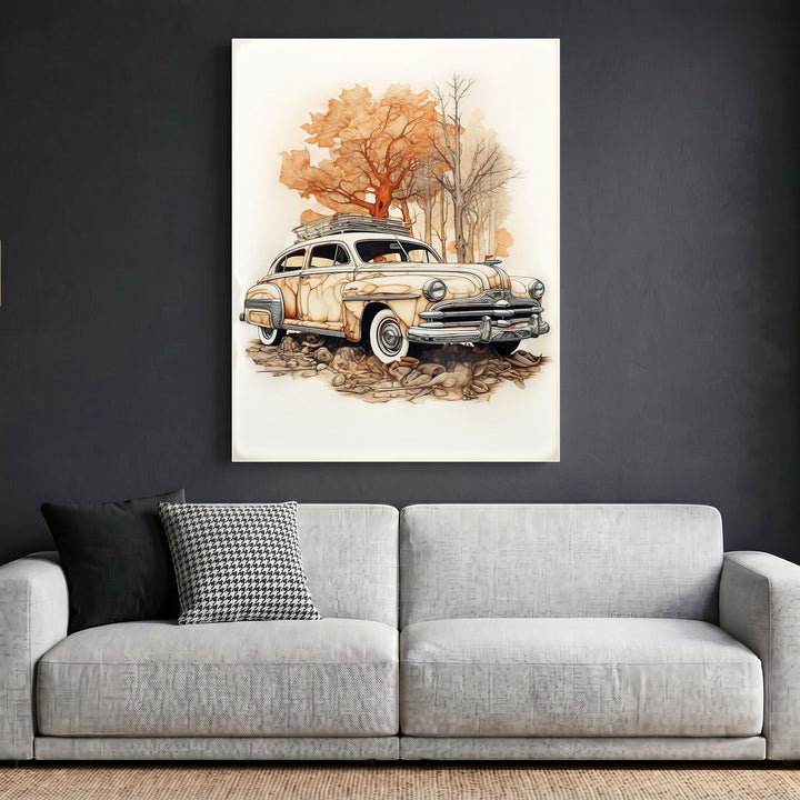 Wadi Home vintage automobile framed wall art print featuring a classic car in sepia tones above a modern grey sofa.