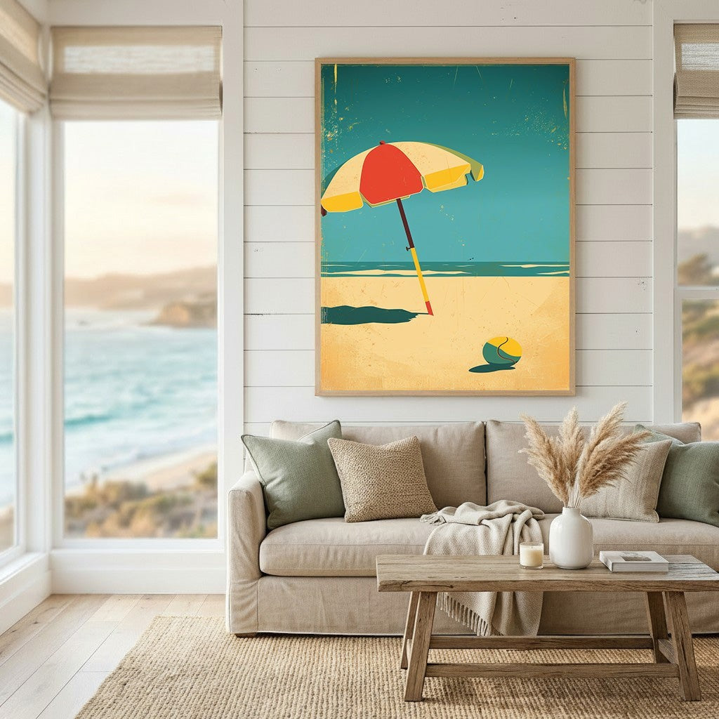 Wadi Home vintage beach umbrella wall art print featuring a retro red and yellow parasol on a teal coastal horizon.