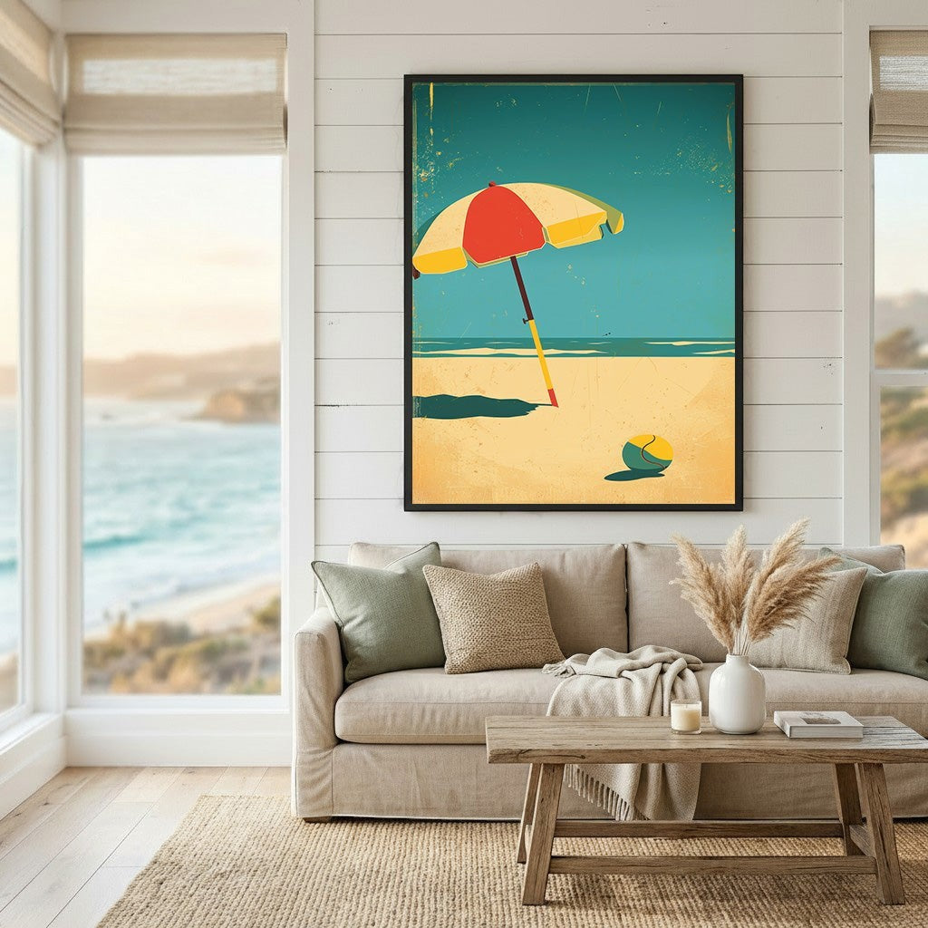 Wadi Home vintage beach umbrella wall art print featuring a retro red and yellow design in a coastal living room.