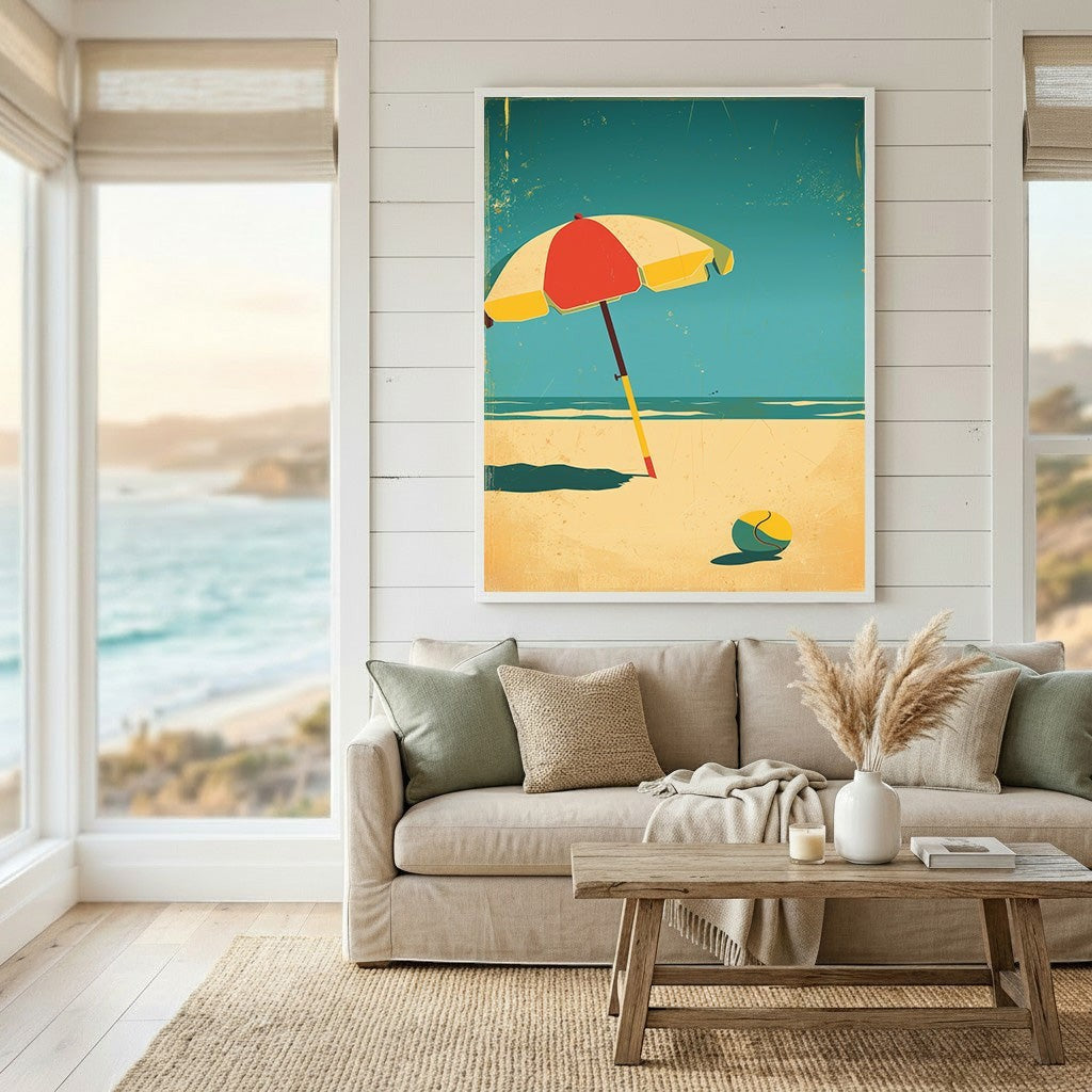 Wadi Home vintage beach umbrella wall art print featuring a retro red and yellow umbrella on a teal coastal horizon.
