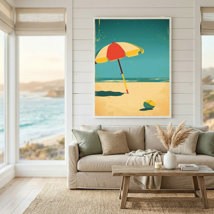 Wadi Home vintage beach umbrella wall art print featuring a retro red and yellow umbrella on a teal coastal horizon.