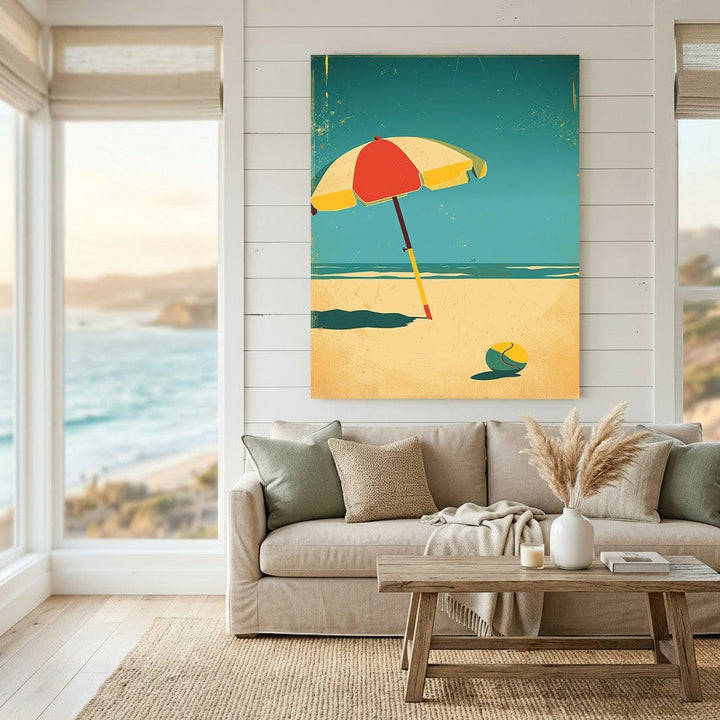 Wadi Home vintage beach umbrella wall art print featuring a retro design with teal, yellow, and red tones in a living room.