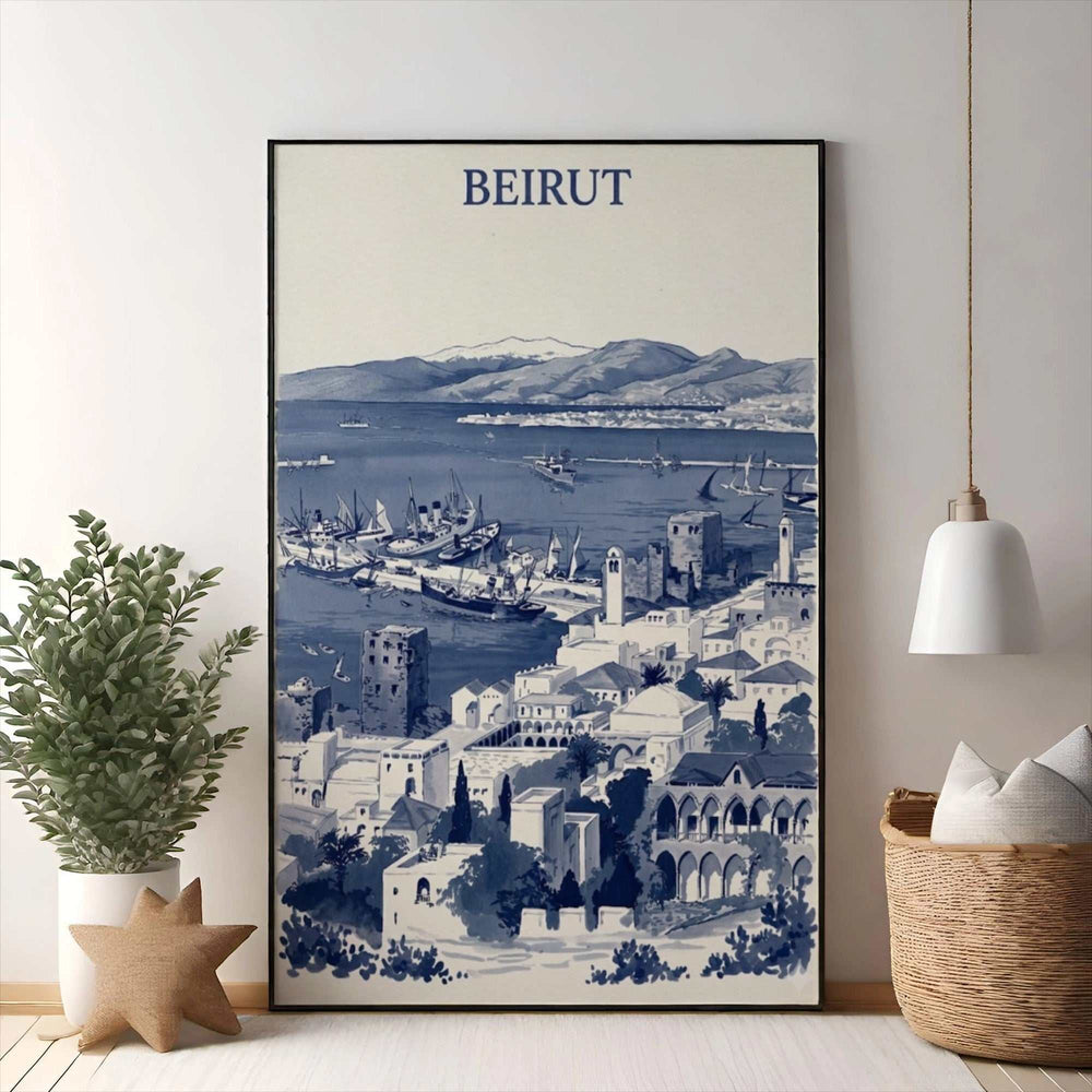 Wadi Home Vintage Beirut Harbor Scene art print in blue and white, featuring boats, architecture, and mountains.