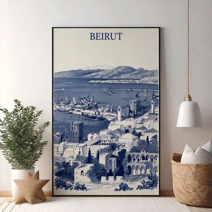 Wadi Home Vintage Beirut Harbor Scene art print in blue and white, featuring boats, architecture, and mountains.