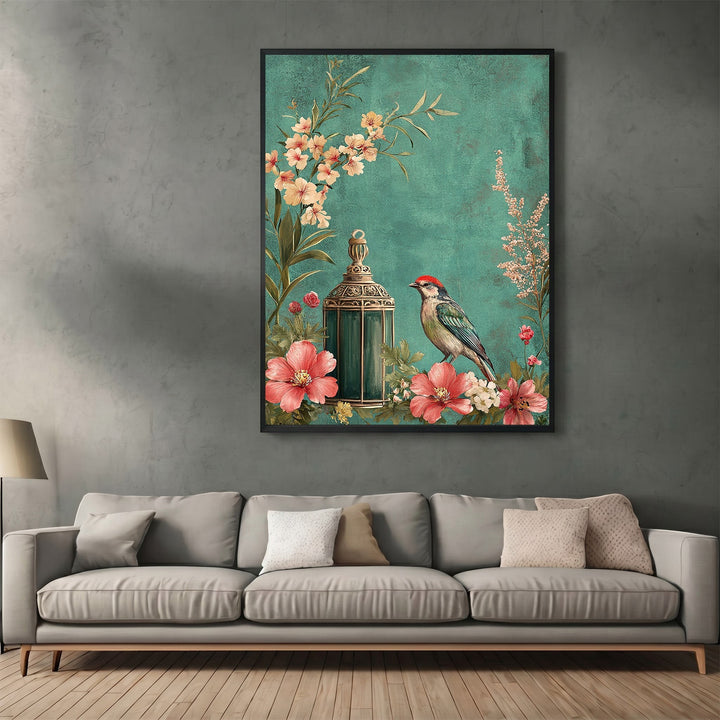 Wadi Home vintage botanical wall art print featuring a songbird and floral lantern on a textured teal background.