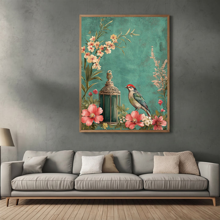 Wadi Home vintage botanical wall art print featuring a songbird and floral lantern on a textured teal background.