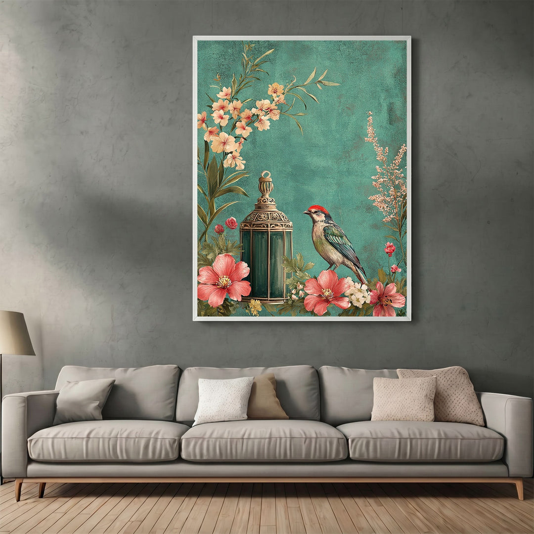 Wadi Home vintage botanical wall art print featuring a songbird, lantern, and floral design on a textured teal background