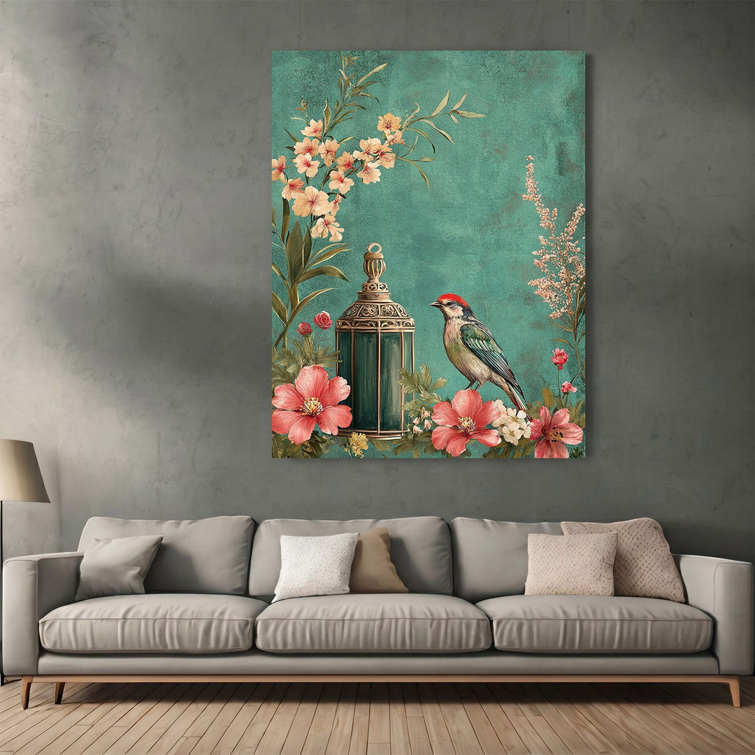 Wadi Home vintage botanical wall art featuring a songbird and lantern with floral accents on a textured teal background.