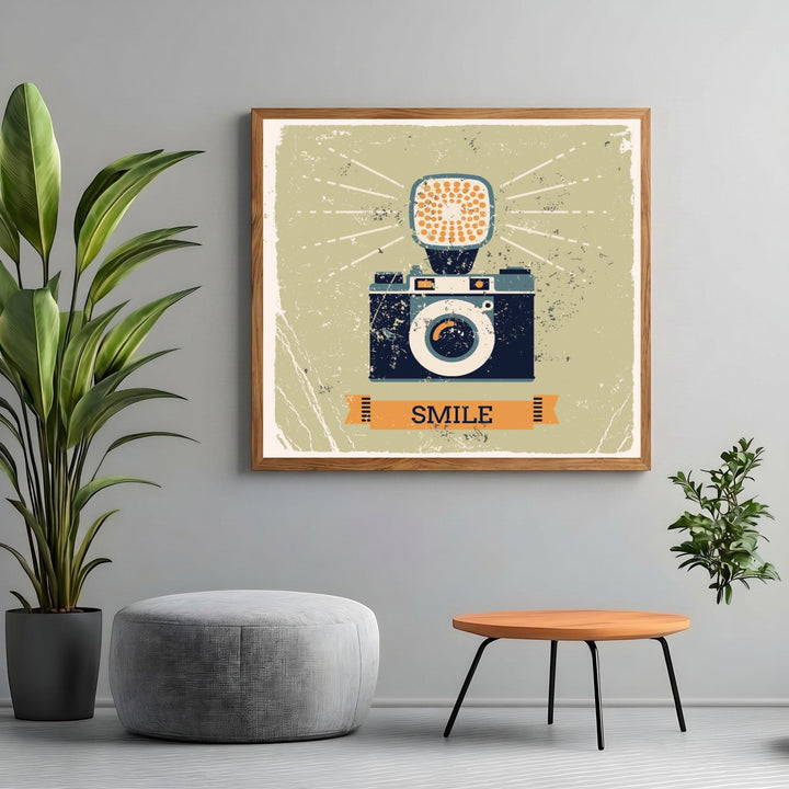 Wadi Home vintage camera illustration wall art print with distressed texture and SMILE banner in a modern living room.