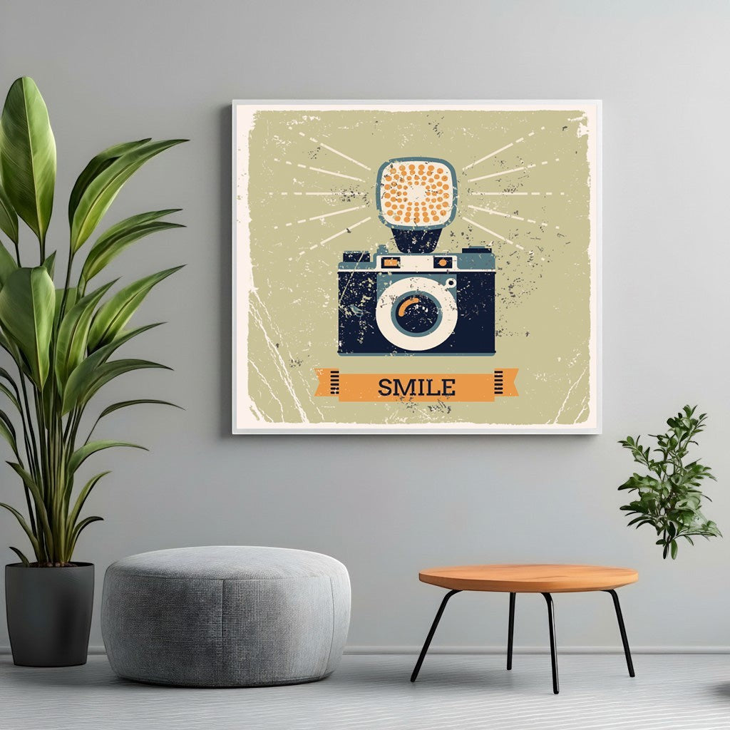Wadi Home vintage camera wall art print with distressed texture and SMILE banner in a modern living room setting.