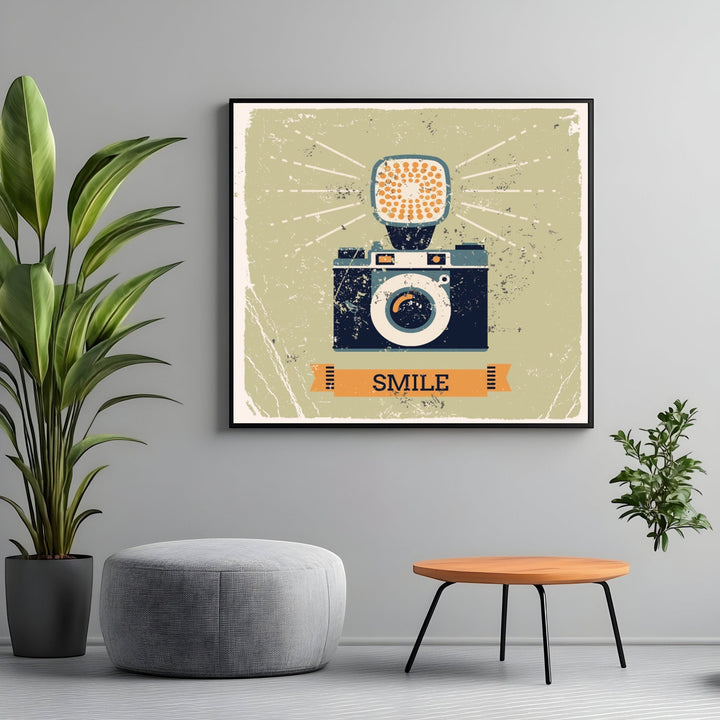 Wadi Home vintage camera wall art print with distressed texture and SMILE banner in a modern living room setting