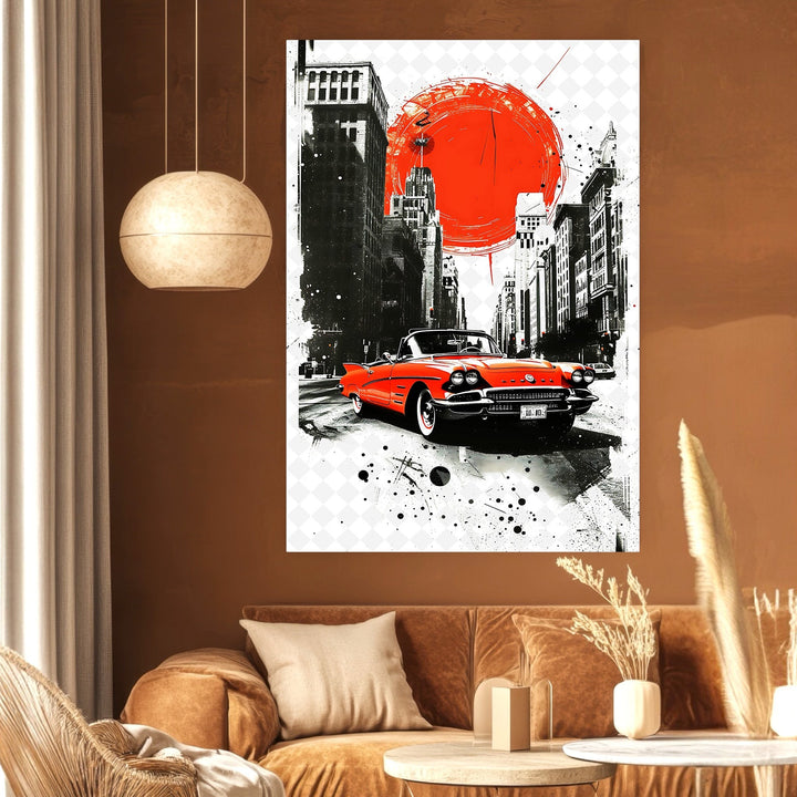 Wadi Home vintage car cityscape wall art print featuring a red convertible in a monochromatic urban setting.