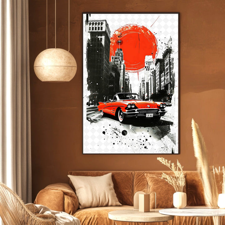 Wadi Home vintage car cityscape wall art print featuring a red convertible in a black and white urban setting.