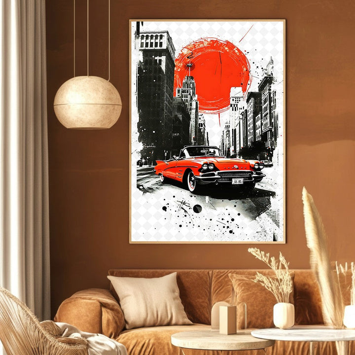 Wadi Home vintage car cityscape wall art print with a red convertible and sun against a black and white urban scene.