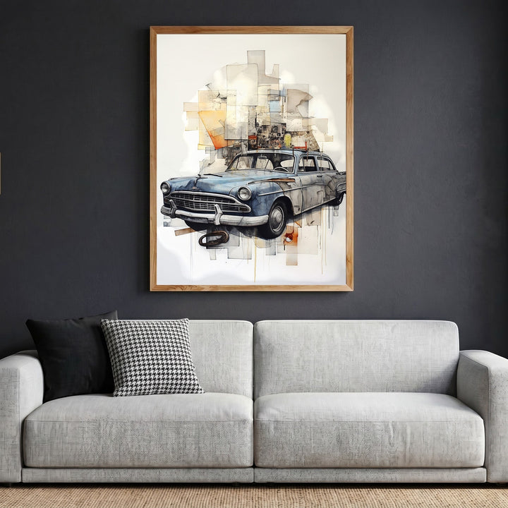 Wadi Home vintage automobile framed wall art print featuring a blue classic car with abstract geometric background