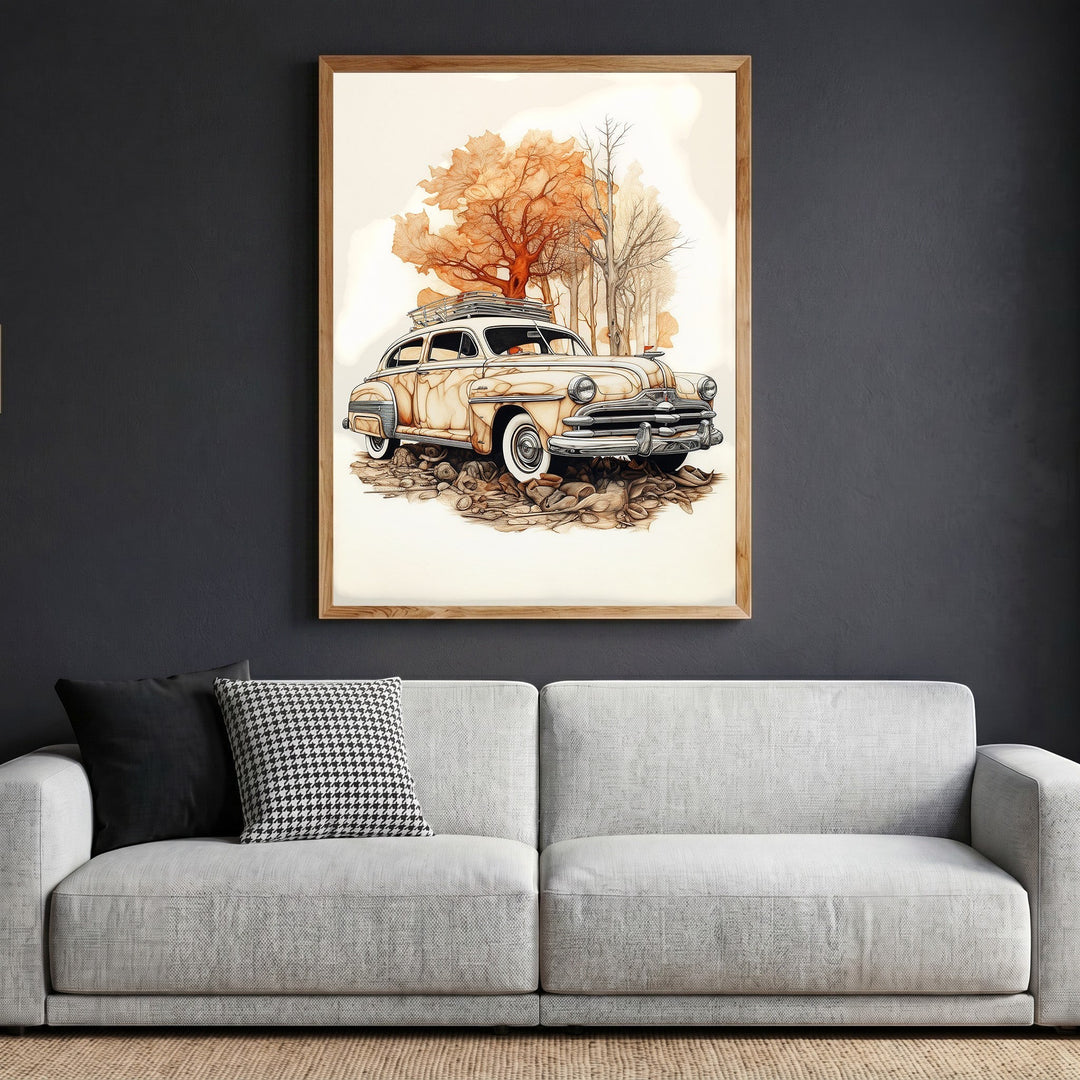 Wadi Home vintage automobile framed wall art print featuring a classic car in sepia tones with autumnal trees.