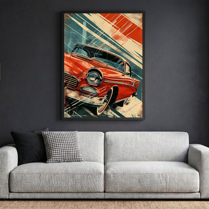 Wadi Home vintage automotive wall art featuring a red classic car in a stylized, abstract frame above a grey sofa.