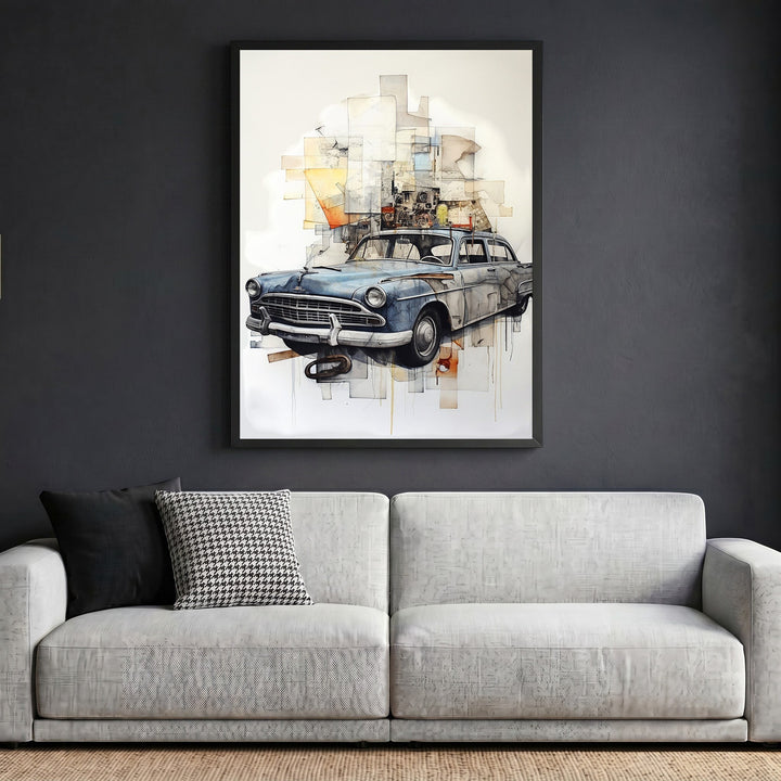 Wadi Home vintage blue car framed wall art print with abstract geometric background hanging above a modern sofa.