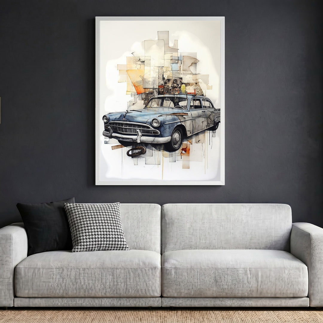 Wadi Home vintage blue car watercolor art print in a minimalist white frame hanging above a modern grey sofa.