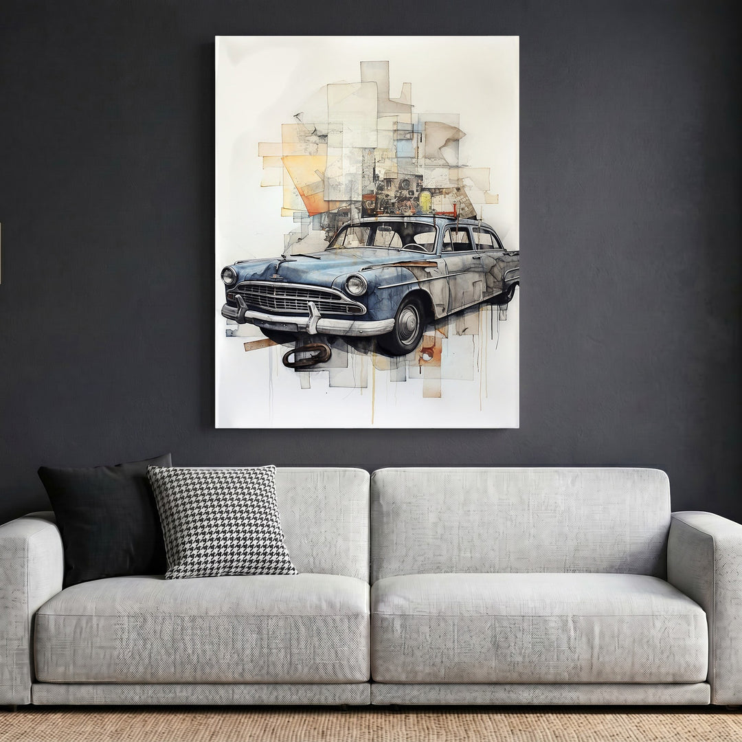 Wadi Home framed vintage blue car wall art print with abstract geometric background hanging above a modern sofa.