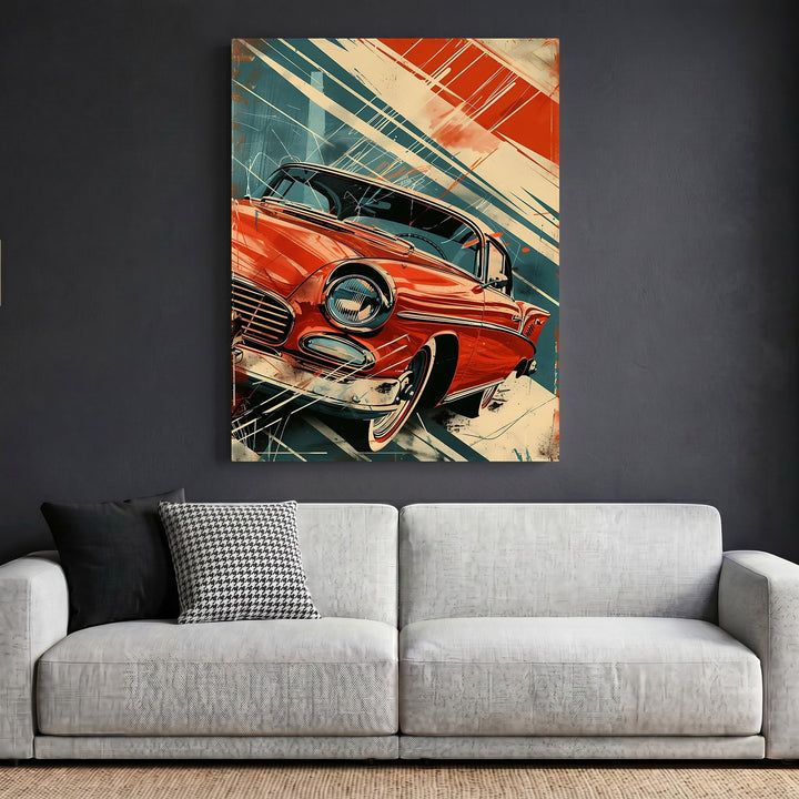 Wadi Home vintage red car wall art print in a sleek frame hanging above a modern grey sofa in a living room.
