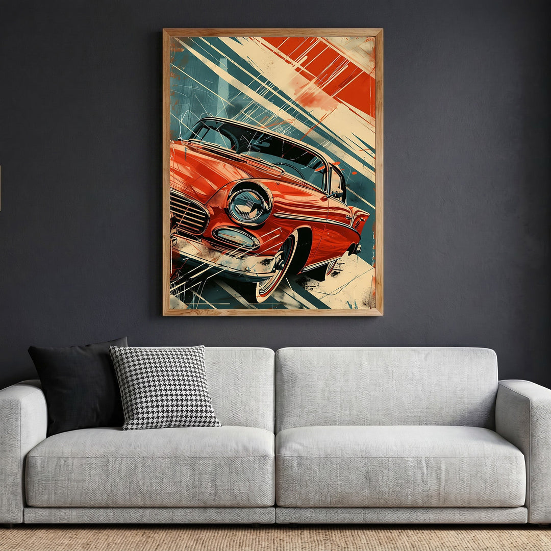Wadi Home vintage automotive wall art print featuring a red classic car in a wooden frame above a modern sofa.