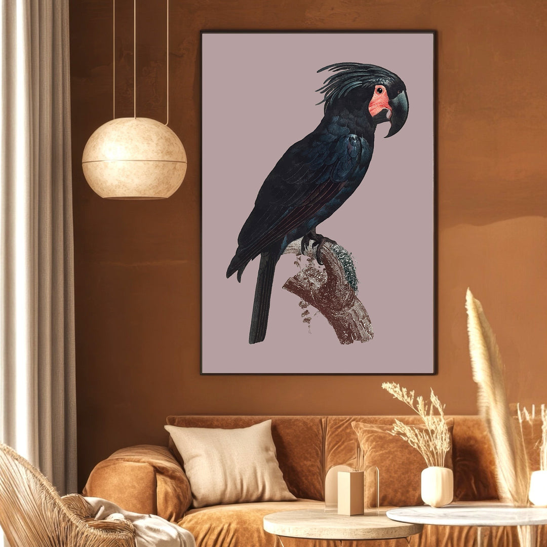 Wadi Home vintage style wall art print featuring a black cockatoo on a mauve background in a modern living room.
