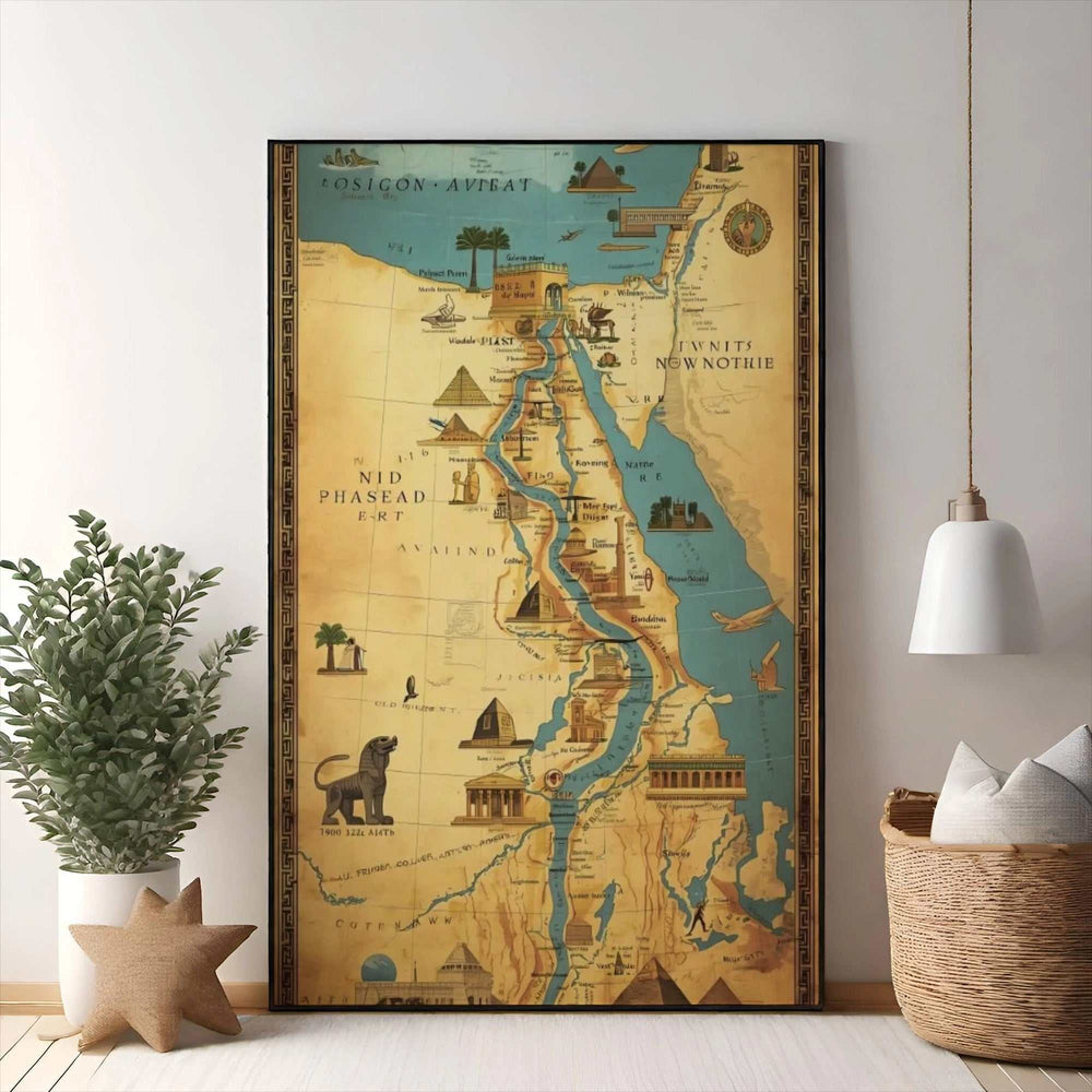 Wadi Home Vintage Egyptian Map Wall Art featuring sepia tones, pyramids, temples, and the Nile River. Ideal for history buffs.