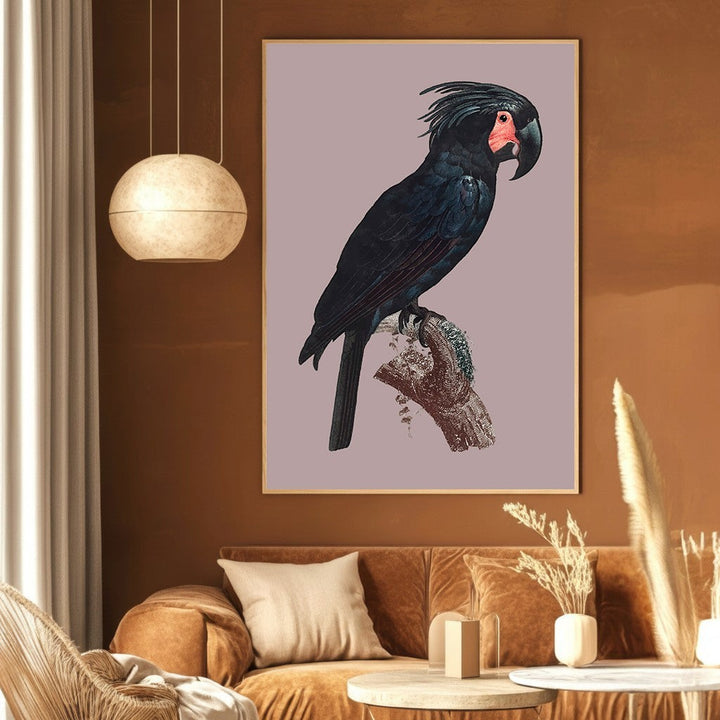 Wadi Home vintage style tropical black cockatoo wall art print on a mauve background in a modern living room.