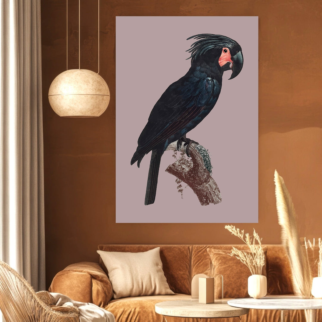 Wadi Home vintage style wall art print featuring a black cockatoo on a mauve background in a modern living room.