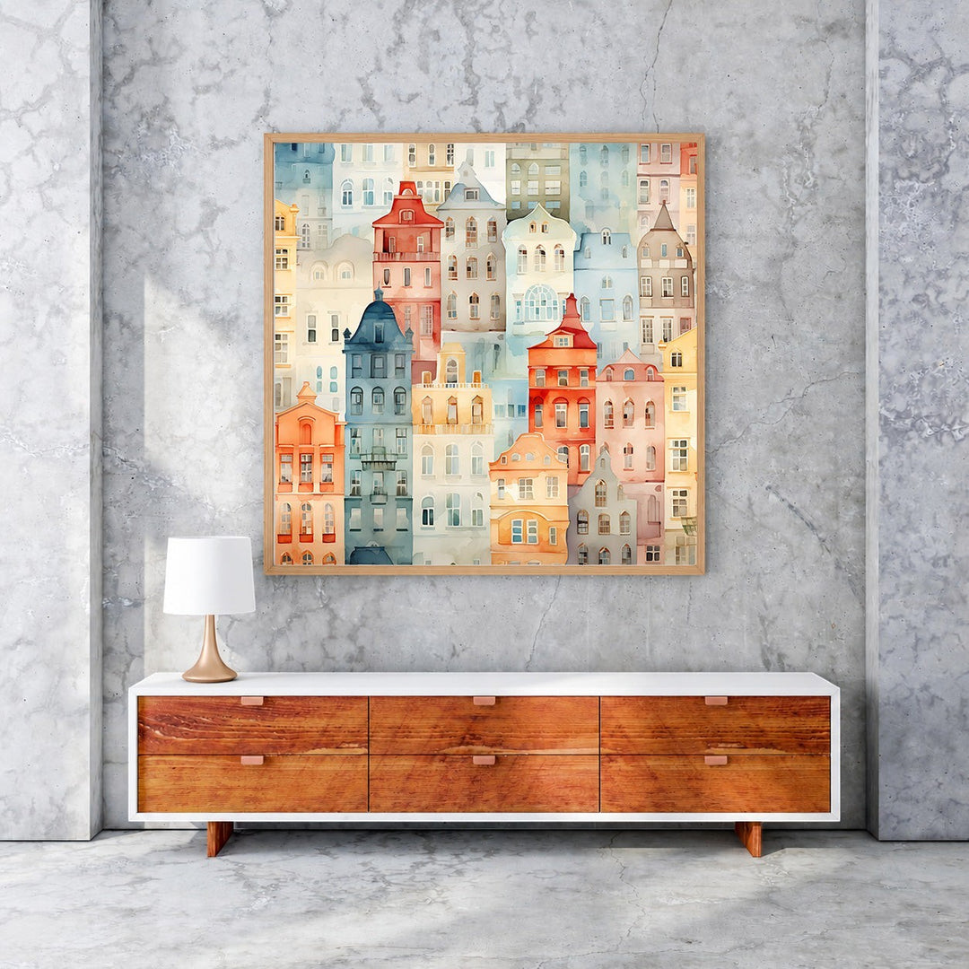 Wadi Home watercolor cityscape art print featuring colorful European buildings in a playful, artistic style.