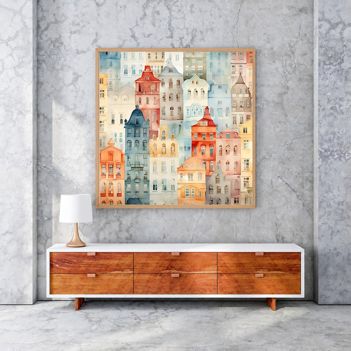 Wadi Home watercolor cityscape art print featuring colorful European buildings in a playful, artistic style.