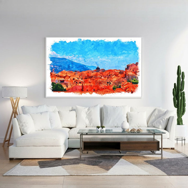 Wadi Home watercolor cityscape wall art featuring terracotta rooftops under a bright blue sky, framed canvas print.