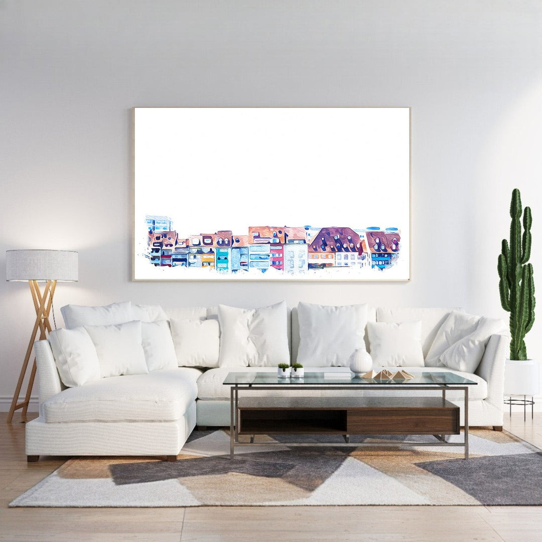 Wadi Home watercolor cityscape wall art featuring colorful European-style buildings in a vibrant, artistic style.