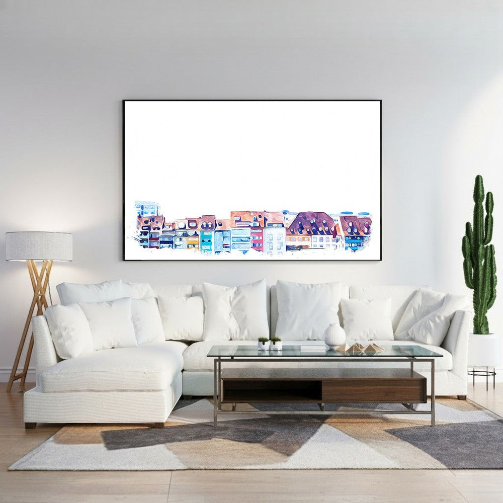 Wadi Home watercolor cityscape wall art featuring colorful European-style buildings in a vibrant artistic style.