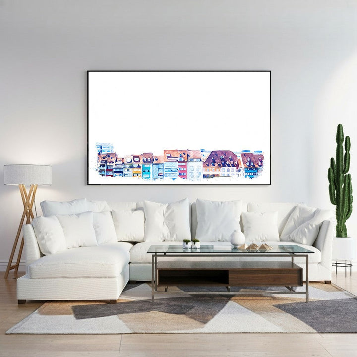 Wadi Home watercolor cityscape wall art featuring colorful European-style buildings in a vibrant artistic style.