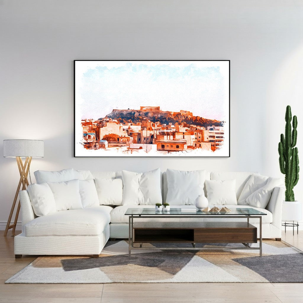 Wadi Home watercolor cityscape wall art featuring historic architecture in warm sunlight, framed in black.