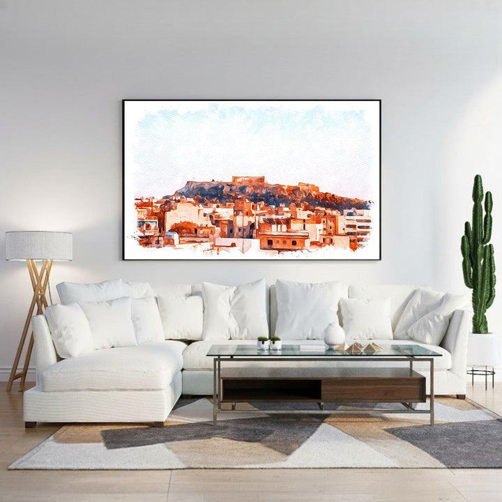 Wadi Home watercolor cityscape wall art featuring historic architecture in warm sunlight, framed in black.