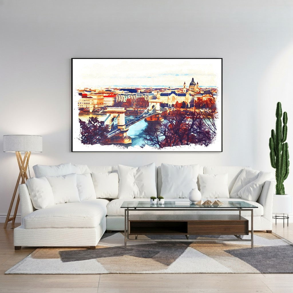 Wadi Home watercolor cityscape wall art featuring a European city with a bridge and historic architecture in vibrant colors.