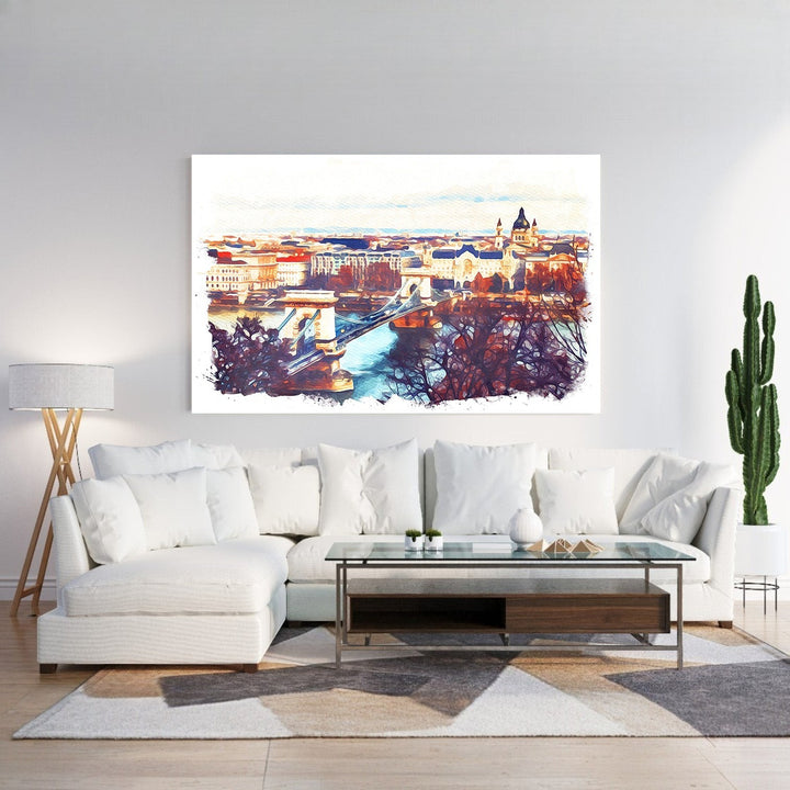 Wadi Home watercolor cityscape wall art featuring a European city with a bridge and historic architecture in vibrant colors.