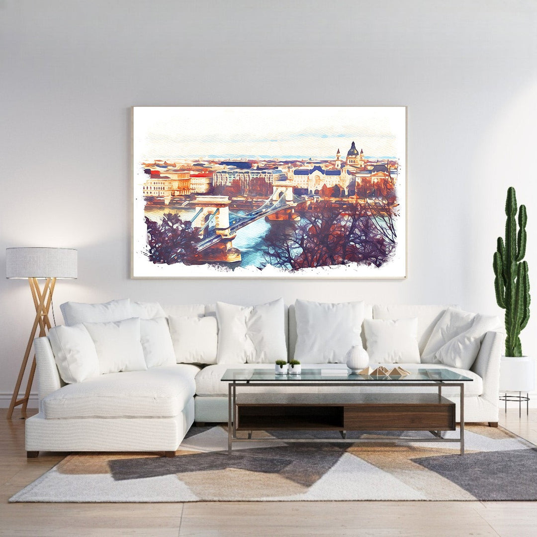 Wadi Home watercolor cityscape wall art featuring a European city with a bridge and historic architecture in vibrant colors.