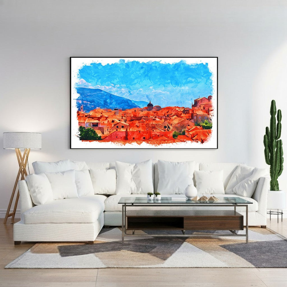 Wadi Home watercolor cityscape wall art featuring terracotta rooftops under a bright blue sky, framed canvas print.