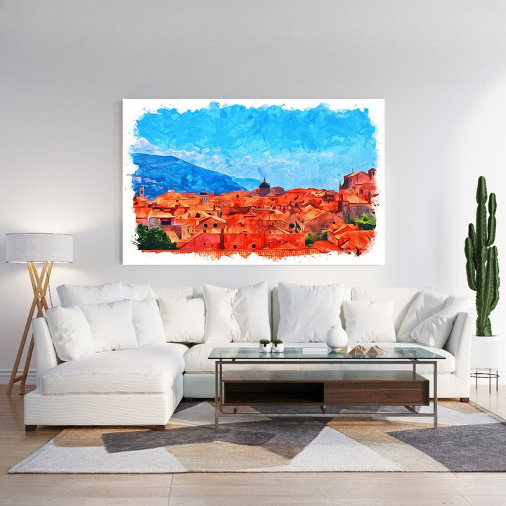 Wadi Home watercolor cityscape wall art featuring terracotta rooftops under a bright blue sky, framed canvas print.