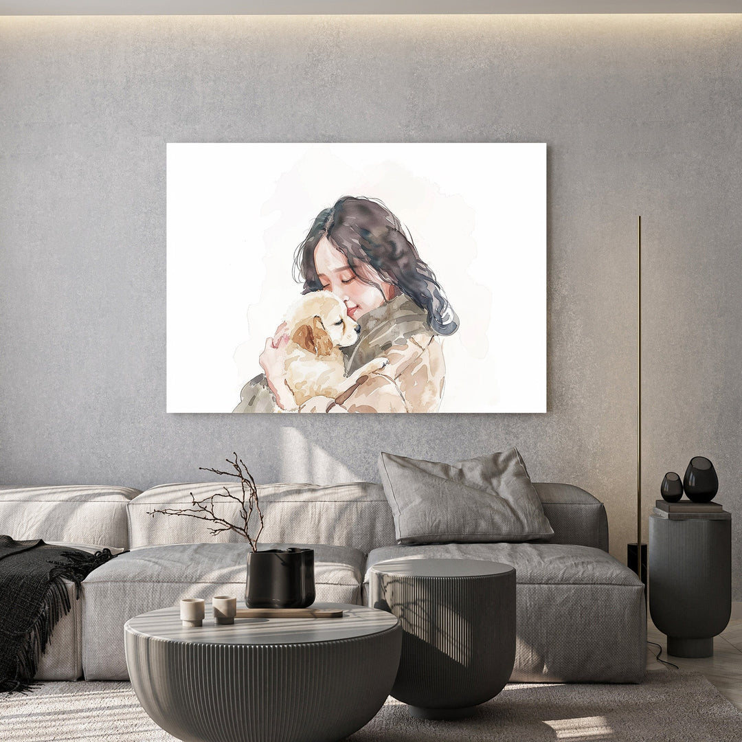 Wadi Home watercolor print of a young woman hugging a golden retriever puppy, soft colors, warm embrace.