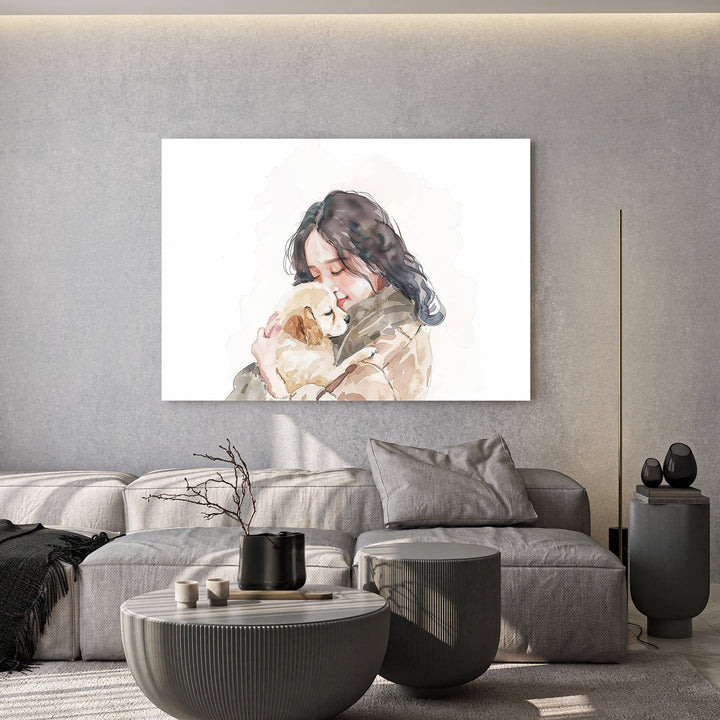 Wadi Home watercolor print of a young woman hugging a golden retriever puppy, soft colors, warm embrace.